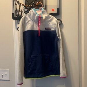 Vineyard Vines Navy and Cream Kids half zip with Pink Accents